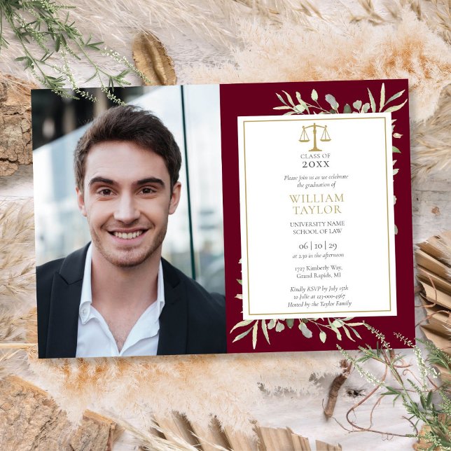 Burgundy Greenery Gold Law School Graduation Photo Invitation (Burgundy Greenery Gold Law School Graduation Photo Invitation)