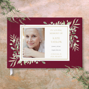 Burgundy Greenery In Loving Memory Photo Funeral Guest Book