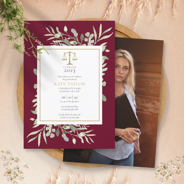 Burgundy Greenery Law School Graduation Photo Invi Invitation (Creator Uploaded)