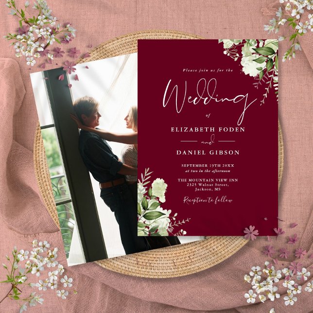 Burgundy Greenery Leaves Elegant Photo Wedding  Invitation (Burgundy Greenery Leaves Elegant Photo Wedding Invitation)