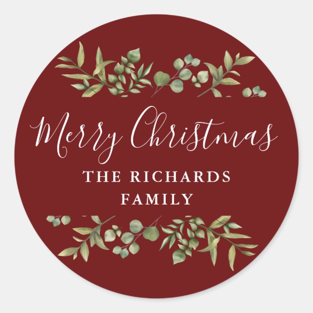Burgundy Greenery Merry Christmas Family Name Classic Round Sticker (Front)