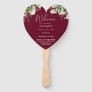 Burgundy Greenery Wedding Program Heart Hand Fan
