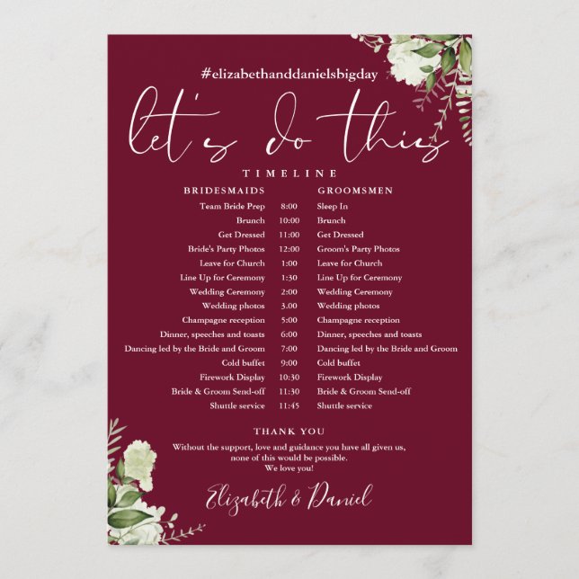 Burgundy Greenery Wedding Schedule Timeline Programme (Front)