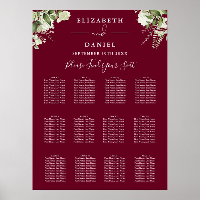 Burgundy Greenery Wedding Seating Chart (Front)