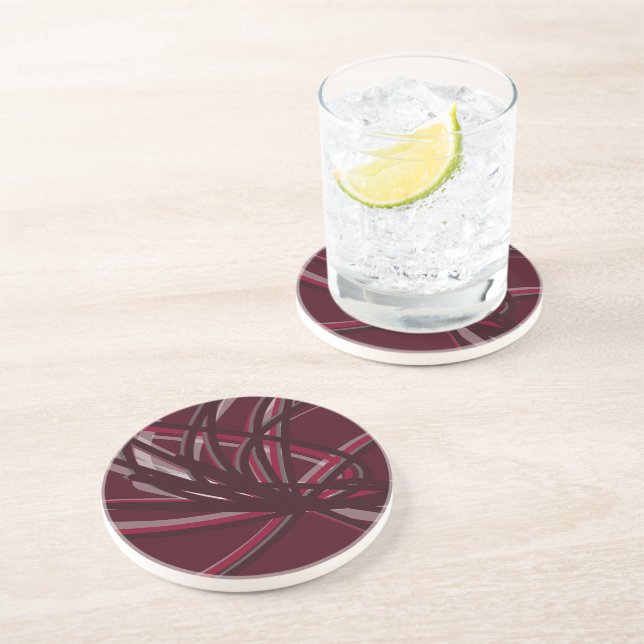 Burgundy & Grey Abstract Ribbons Coaster (Side)