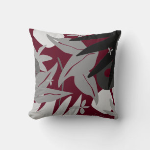 Burgundy & Grey Artistic Abstract Botanical Cushion