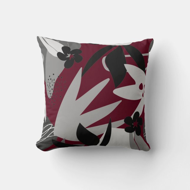 Burgundy & Grey Artistic Abstract Leaves Cushion (Front)