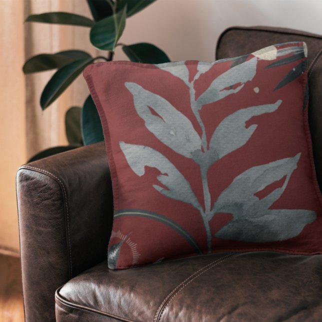 Burgundy & Grey Artistic Watercolor Leaves Cushion (Creator Uploaded)