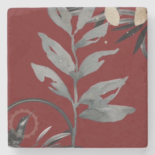 Burgundy & Grey Artistic Watercolor Leaves Stone Coaster (Front)