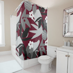 Burgundy Grey Black & White Modern Botanical Shower Curtain