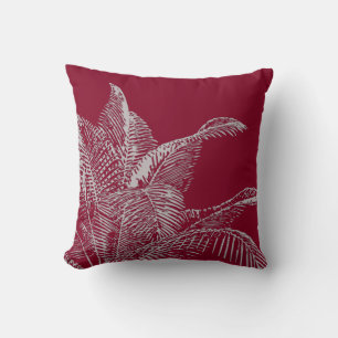 Burgundy & Grey Botanical   Elegant Tropical Palm Cushion
