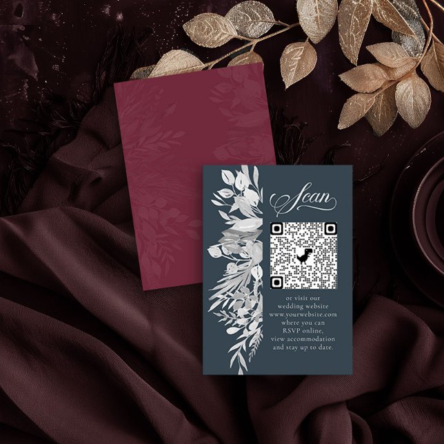 Burgundy Grey Botanical Online RSVP QR Code Enclosure Card (Online RSVP QR Code Card in Burgundy and Grey from the Foliage Duet Collection by Darling & May)