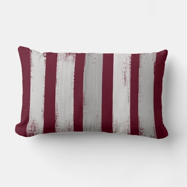 Burgundy & Grey Brush Stroke Stripe Lumbar Cushion (Front)