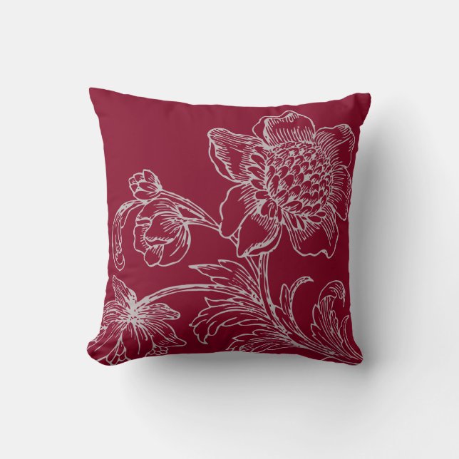 Burgundy & Grey Elegant Flowers in Bloom Cushion (Front)