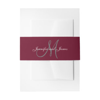 Burgundy Grey Elegant Monogram Script Wedding Invitation Belly Band