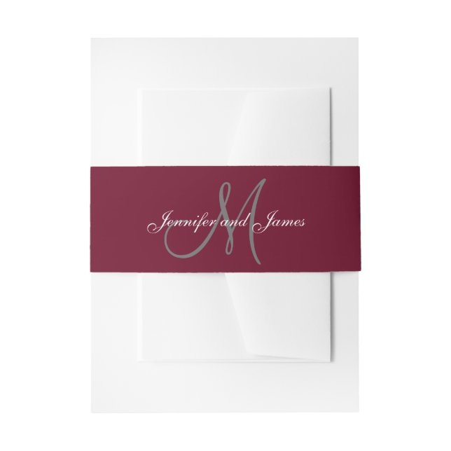 Burgundy Grey Elegant  Monogram Script Wedding Invitation Belly Band (Front Example)