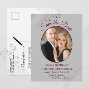 Burgundy & Grey Fancy Wedding Save the Date Photo Announcement Postcard