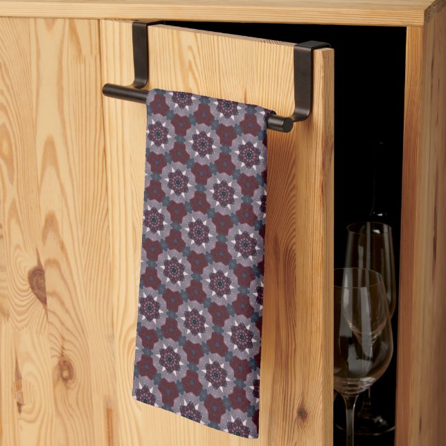 Burgundy & Grey Floral Painted Quilt Tea Towel (Thirds Fold)