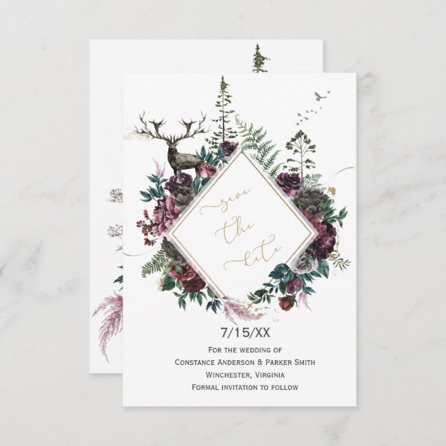 Burgundy & Grey Floral with Deer Save the Date (Front/Back)