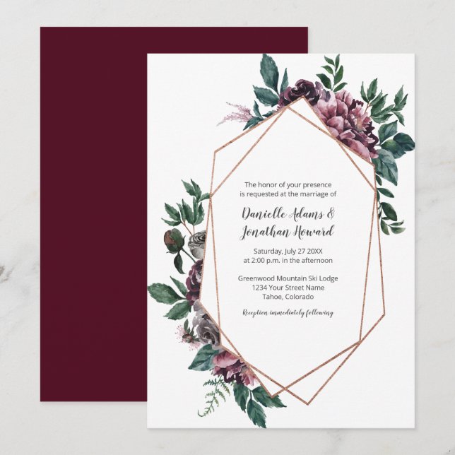 Burgundy Grey Geometric Floral Wedding Invitation (Front/Back)