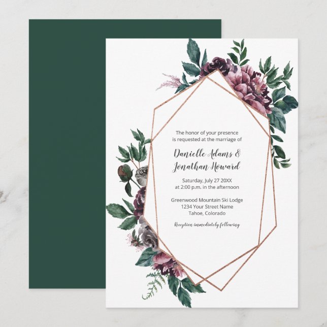 Burgundy Grey Geometric Floral Wedding Invitation (Front/Back)