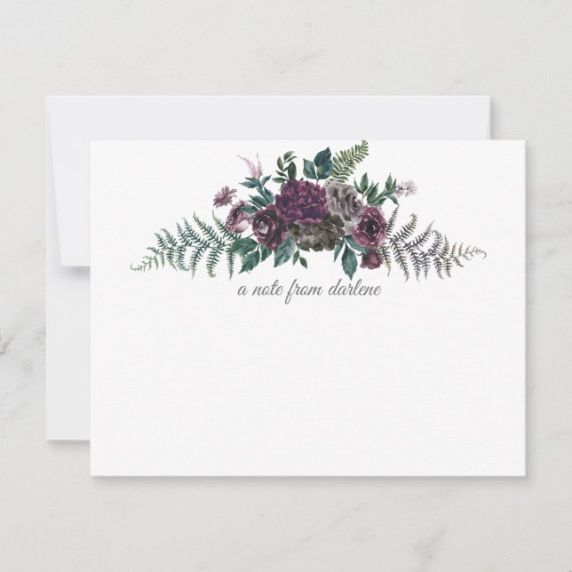 Burgundy Grey Green Watercolor Floral Monogram Card (Front)