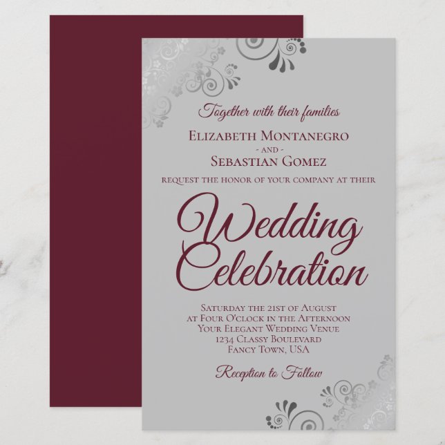 Burgundy & Grey Lace BUDGET Wedding Invite Large (Front/Back)