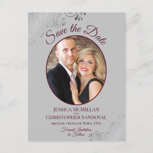 Burgundy & Grey Lace Wedding Save the Date Photo Announcement Postcard