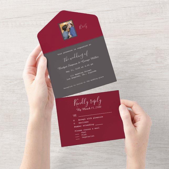 burgundy grey minimal fancy couple photo monogram all in one invitation (Tearaway)