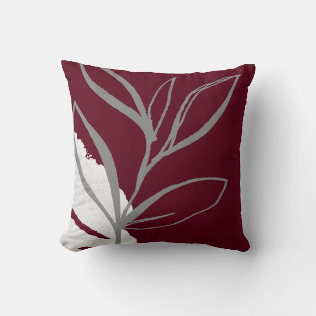 Burgundy & Grey Minimalist Botanical Design Cushion (Front)
