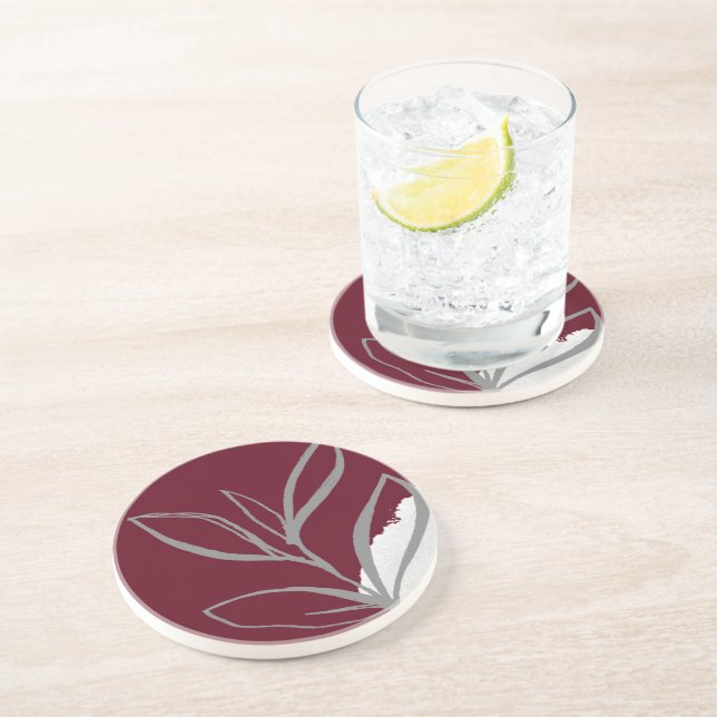 Burgundy & Grey Minimalist Watercolor Leaves Stone Coaster (Side)