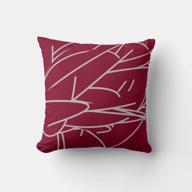Burgundy & Grey Modern Elegant Abstract Feather Cushion (Front)