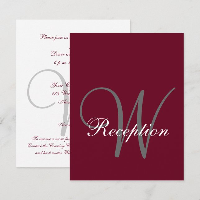 Burgundy Grey Monogram Elegant Wedding Reception Invitation (Front/Back)