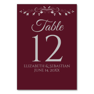 Burgundy & Grey Simple Elegant Wedding Table Number