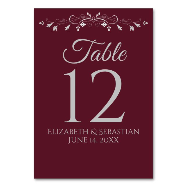 Burgundy & Grey Simple Elegant Wedding Table Number (Front)