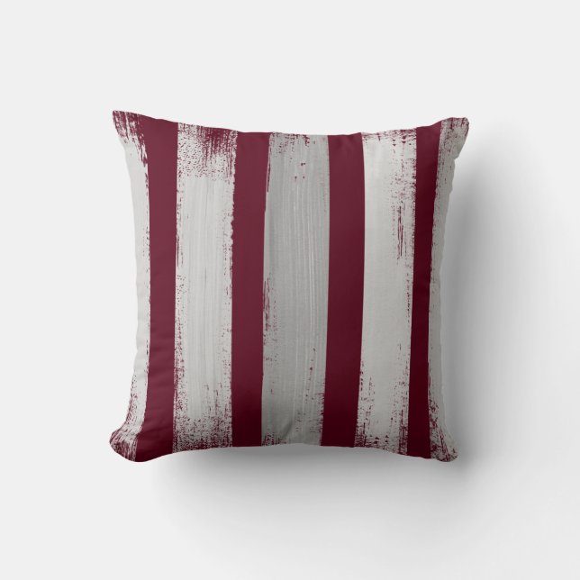 Burgundy & Grey Striped Brush Strokes Throw Pillow (Front)