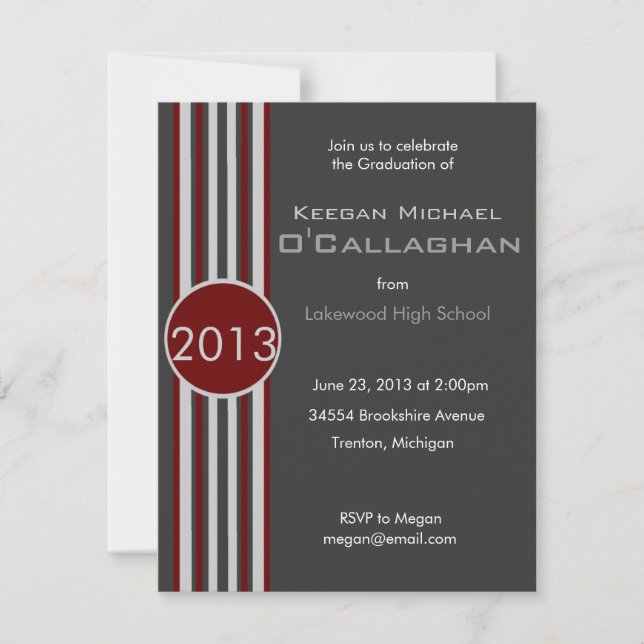 Burgundy Grey Striped Graduation Party Invitation (Front)