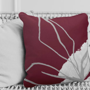 Burgundy & Grey Watercolor Botanical Leaves Cushion
