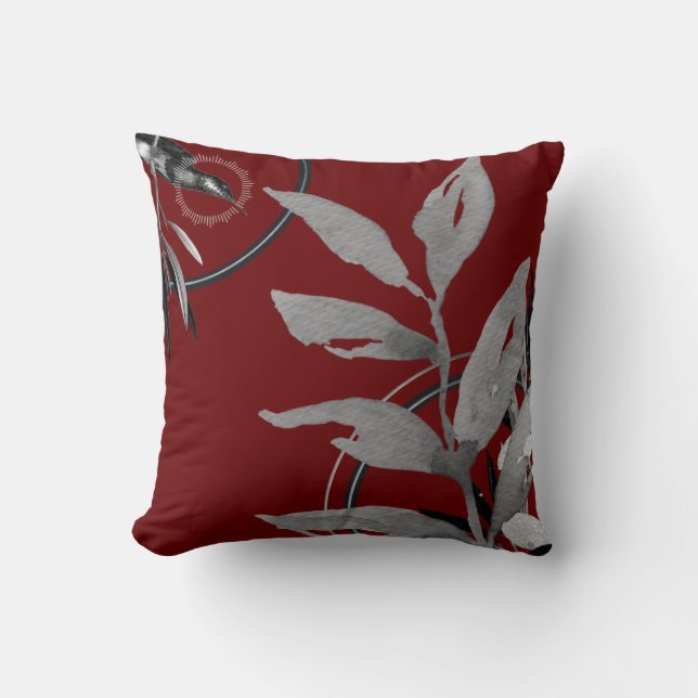 Burgundy & Grey Watercolor Leaves Hummingbird Cushion (Front)