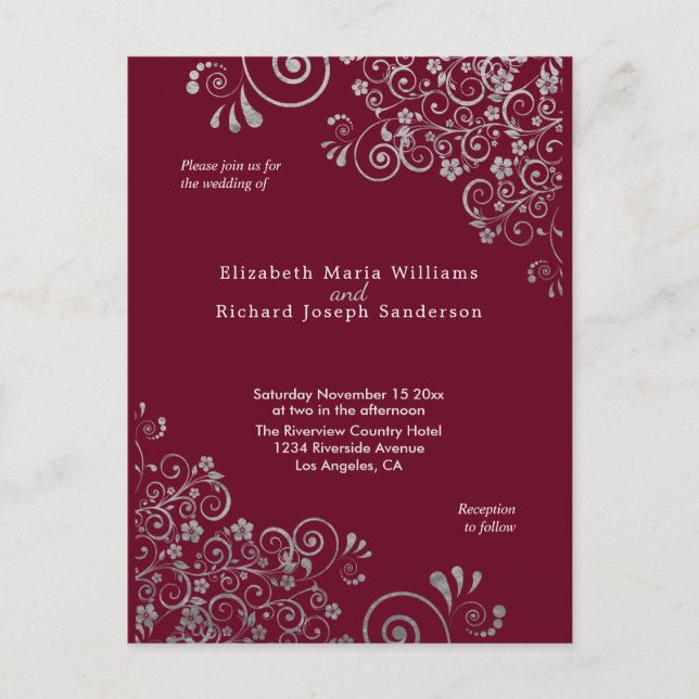 Burgundy grey Wedding Invitation RSVP l Website Postcard (Front)
