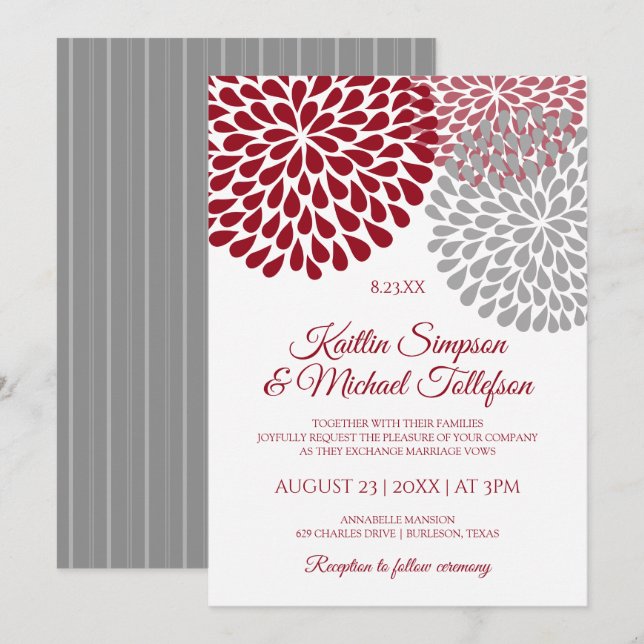 Burgundy & Grey Wedding Invitations | Floral & Fun (Front/Back)
