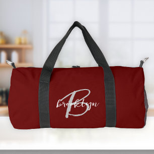 Burgundy Grey White Script Monogram Duffle Bag