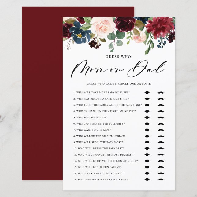Burgundy Guess Who Mum or Dad Baby Shower Game (Front/Back)