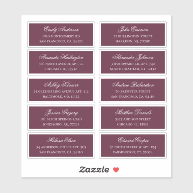 Burgundy guests names and address. Shipping labels (Sheet)