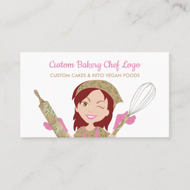 Burgundy Hair Eucalyptus Pastry Vegetarian Bakery Business Card (Front)