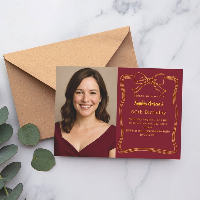 Burgundy hand-drawn bow photo birthday invitation (Creator Uploaded)