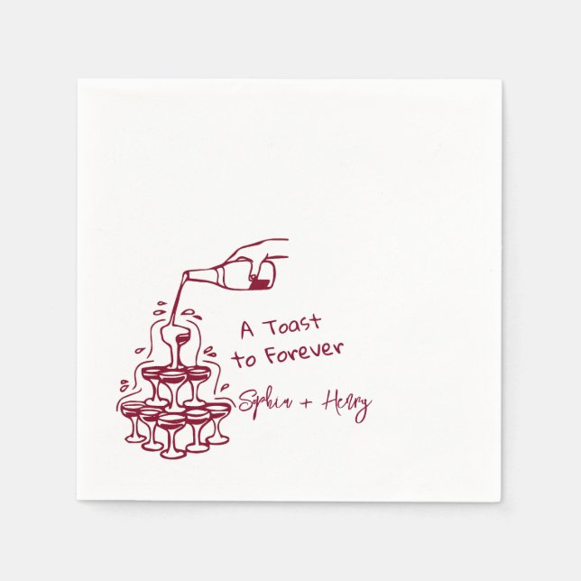 Burgundy Hand Drawn Champagne Glass Tower Wedding Napkin (Front)