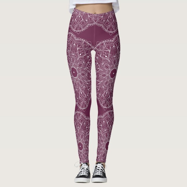 Burgundy Hand-drawn Peace Mandala Leggings (Front)