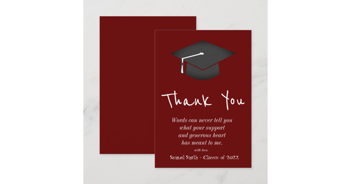 Burgundy Handwriting Cap and Tassel Graduation Thank You Card | Zazzle