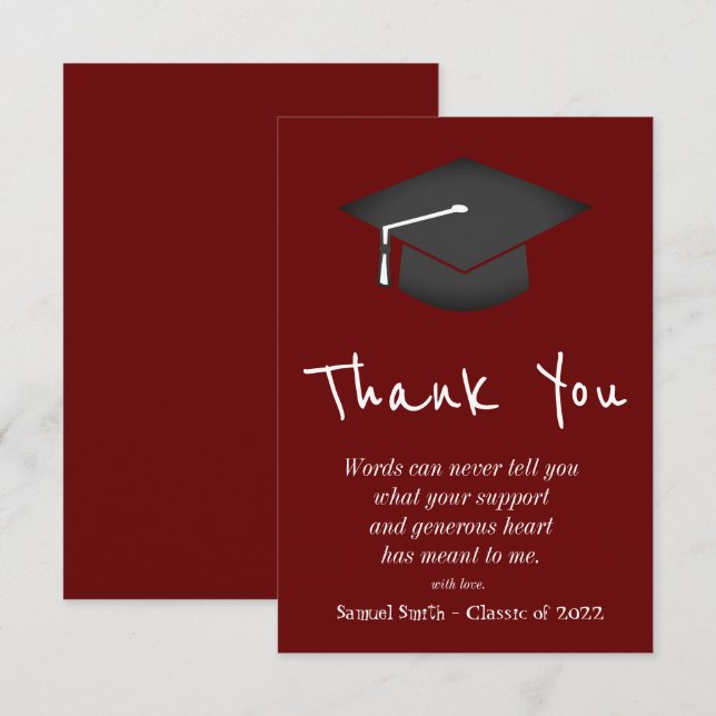 Burgundy Handwriting Cap and Tassel Graduation  Thank You Card (Front/Back)